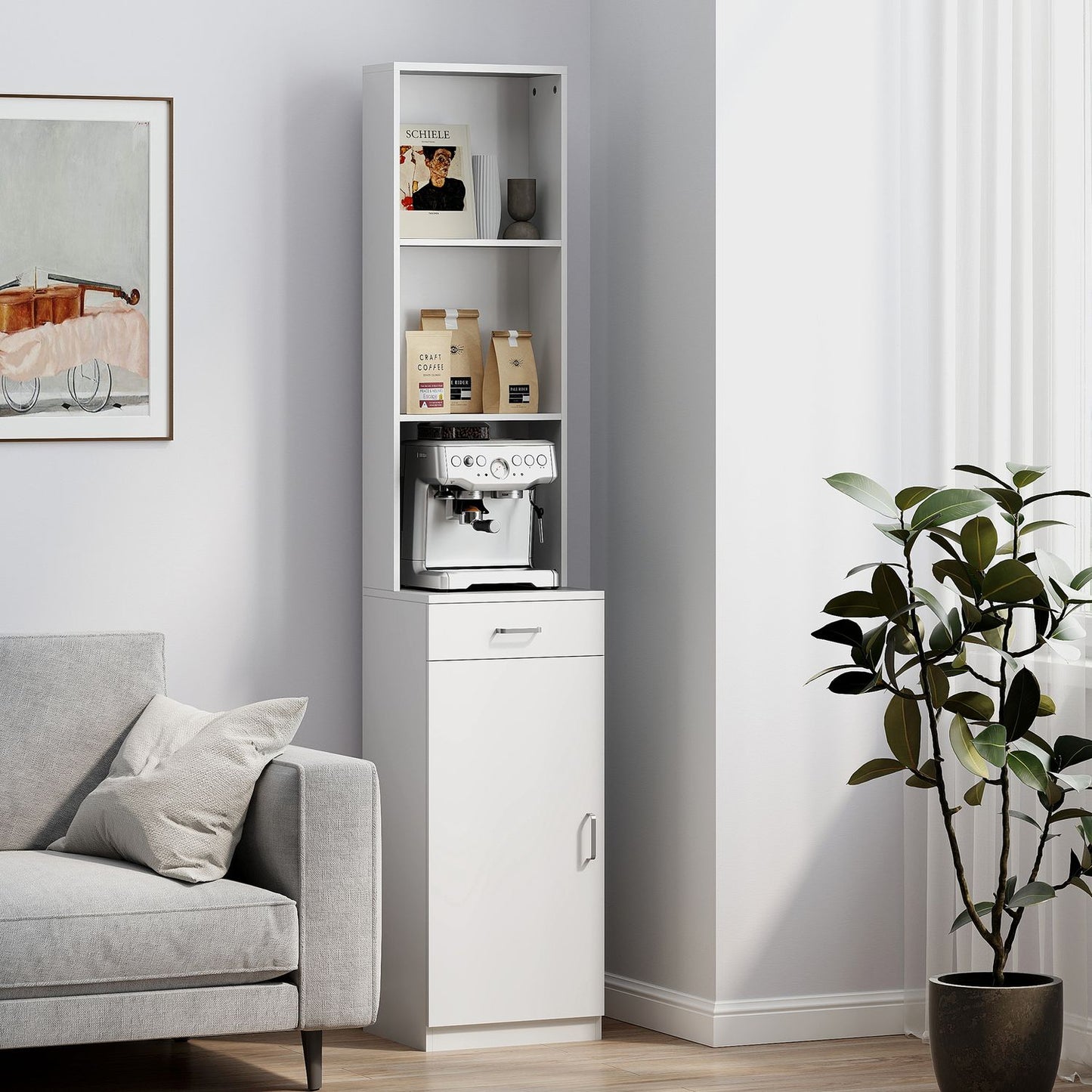 Tall bathroom cabinet, slim design, drawer, shelves, cupboard, chipboard, white