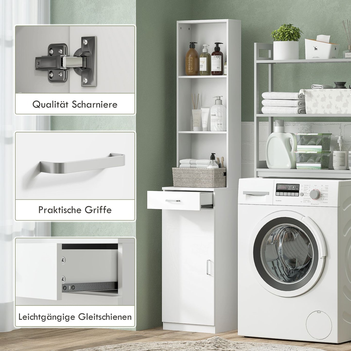 Tall bathroom cabinet, slim design, drawer, shelves, cupboard, chipboard, white