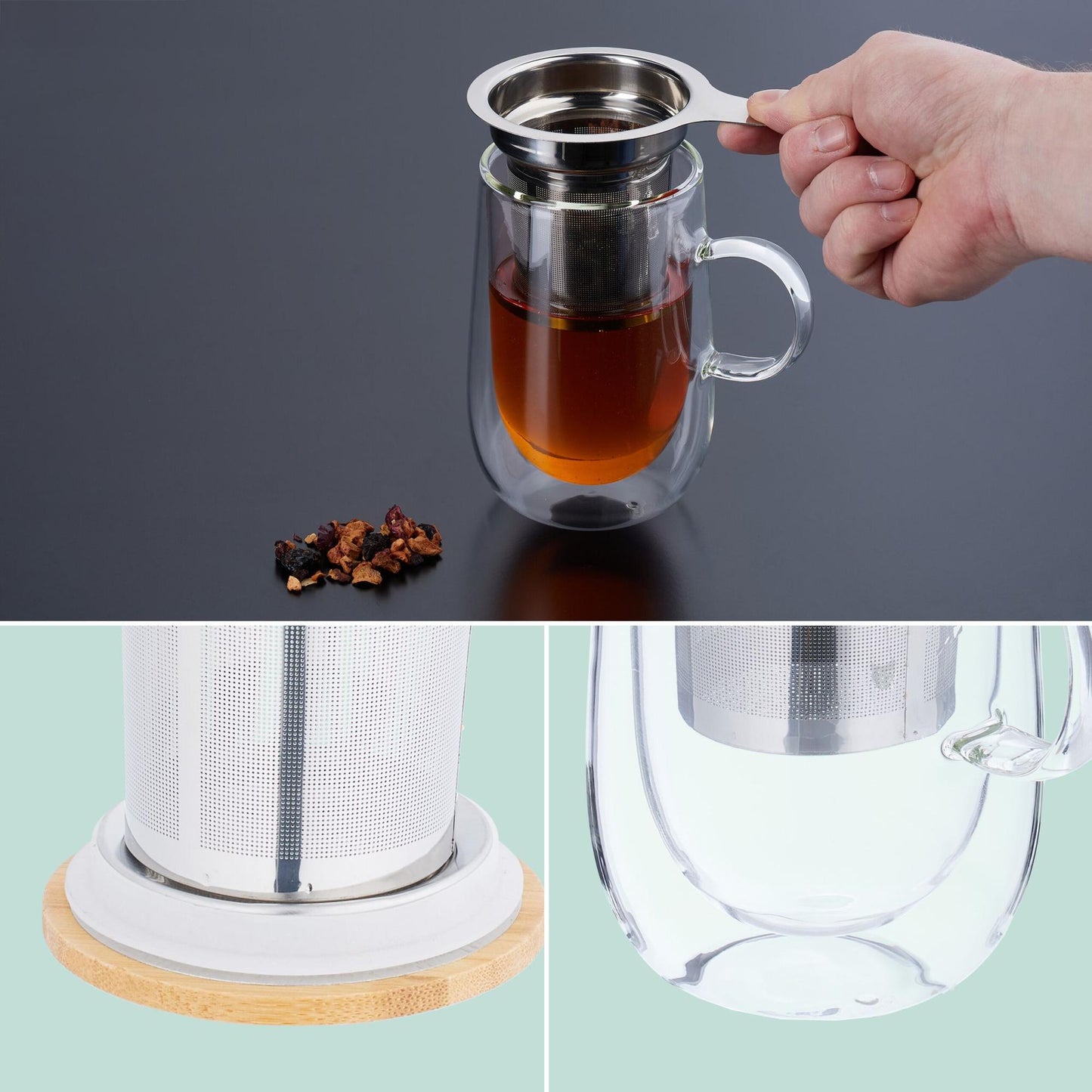 Tea glass with tea strainer and bamboo lid