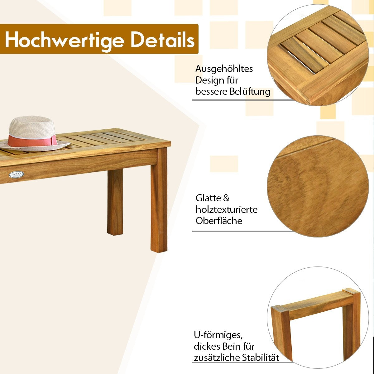 Teak Wood Outdoor Bench, 132x34x43.5 cm, 320 kg Capacity