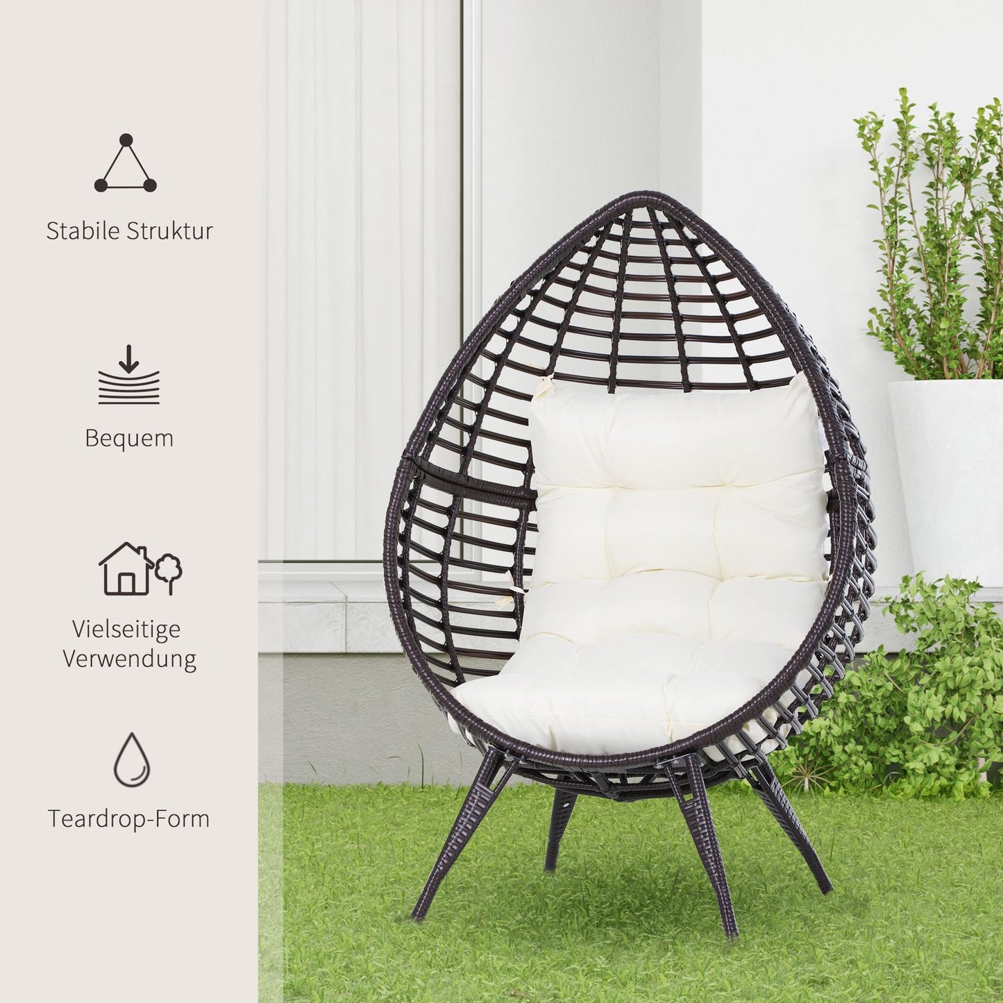 Garden chair in drop-shaped rattan with cushion, brown steel
