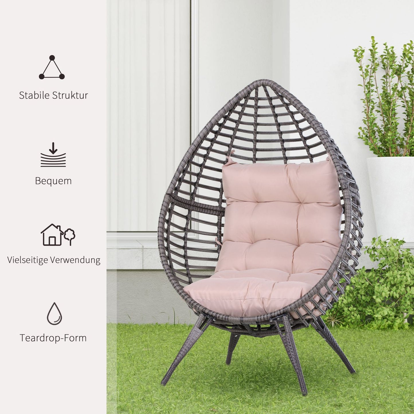 Raised tear-eyed rattan garden chair with cushion, steel grey