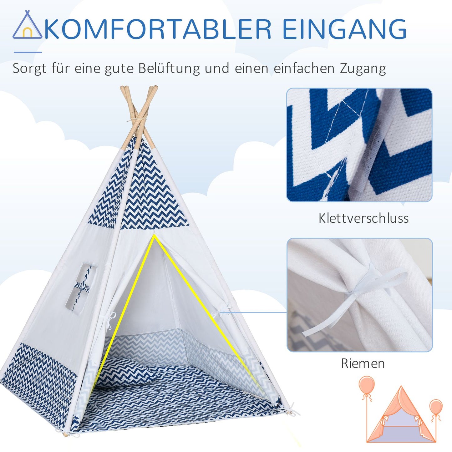 Teepee tent for children, white, with pillow & mat, indoor/outdoor