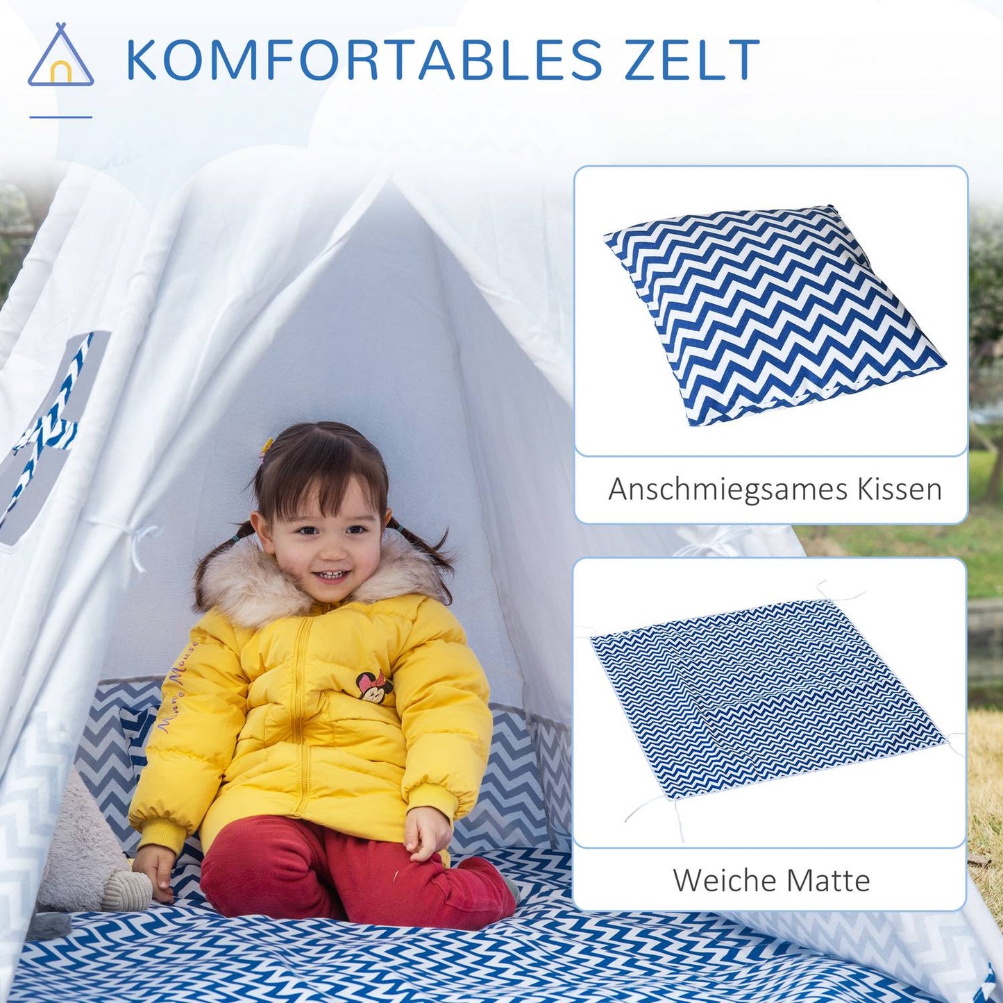 Teepee tent for children, white, with pillow & mat, indoor/outdoor