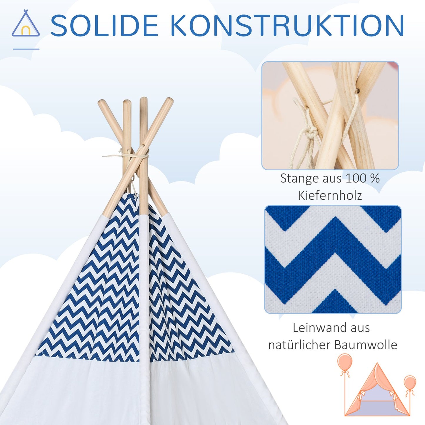 Teepee tent for children, white, with pillow & mat, indoor/outdoor