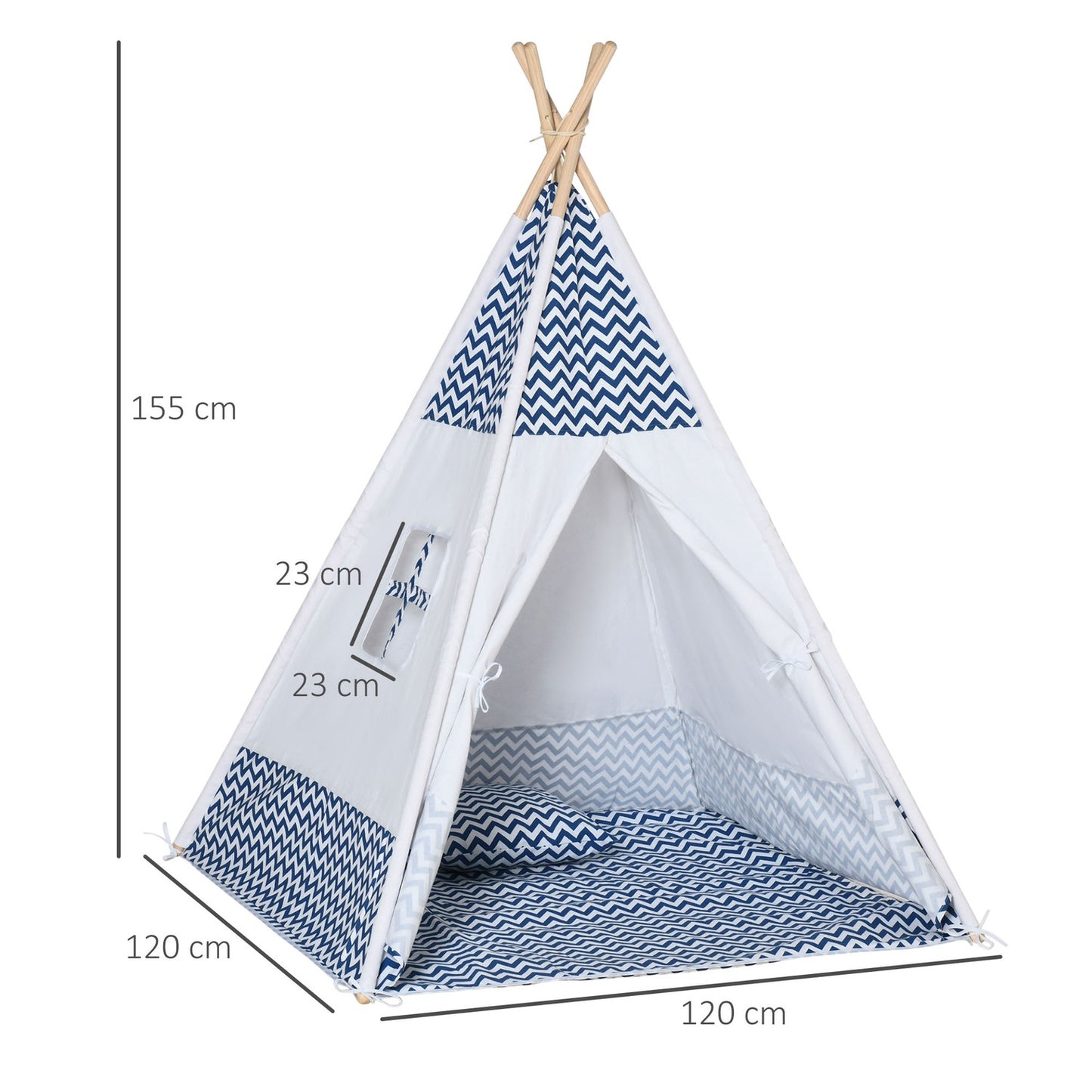Teepee tent for children, white, with pillow & mat, indoor/outdoor