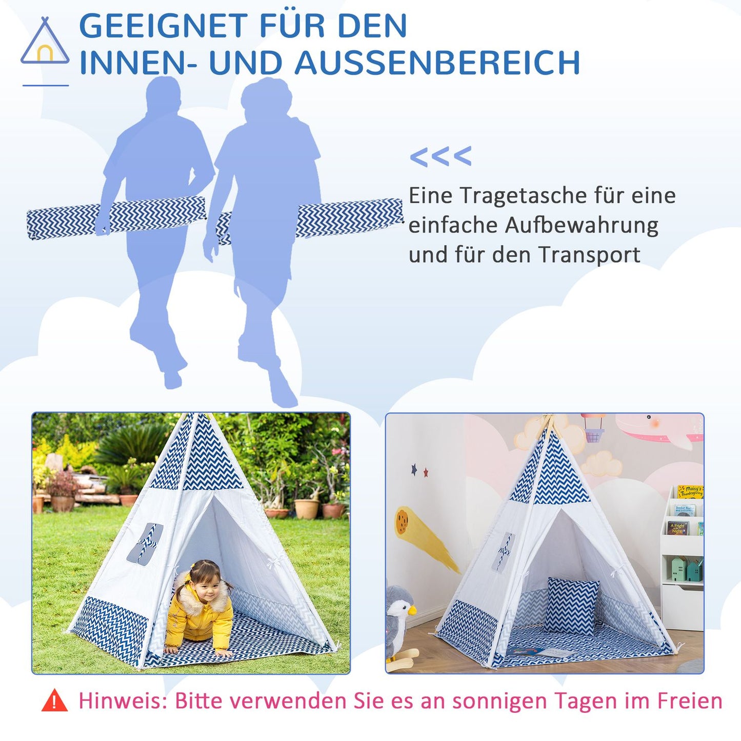 Teepee tent for children, white, with pillow & mat, indoor/outdoor