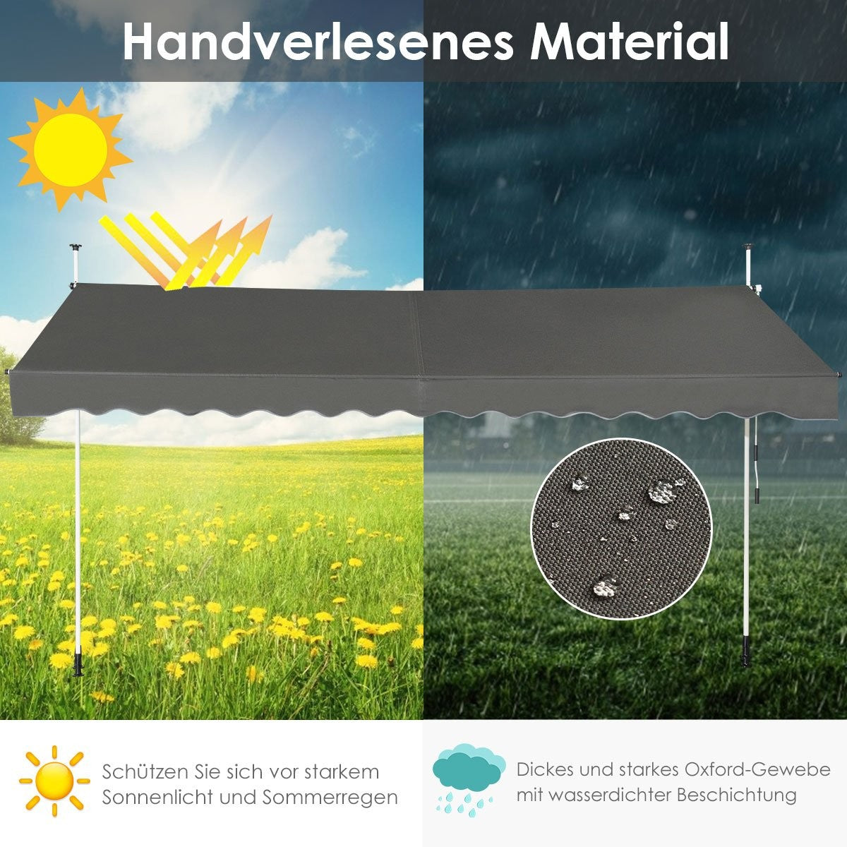 Telescopic Awning Sun Protection Extendable Canopy Sun Protection UV-Repellent Waterproof Awning 395cm Wide Gray