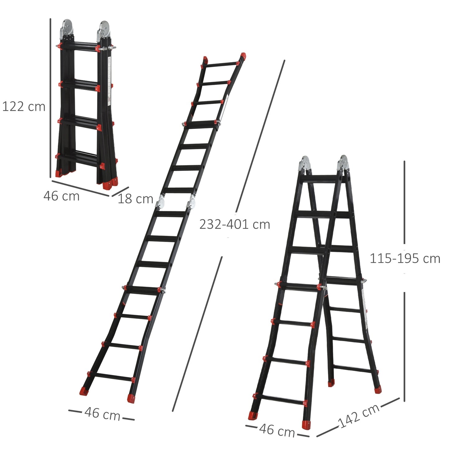 4 m aluminum telescopic ladder, foldable and non-slip, 150 kg capacity