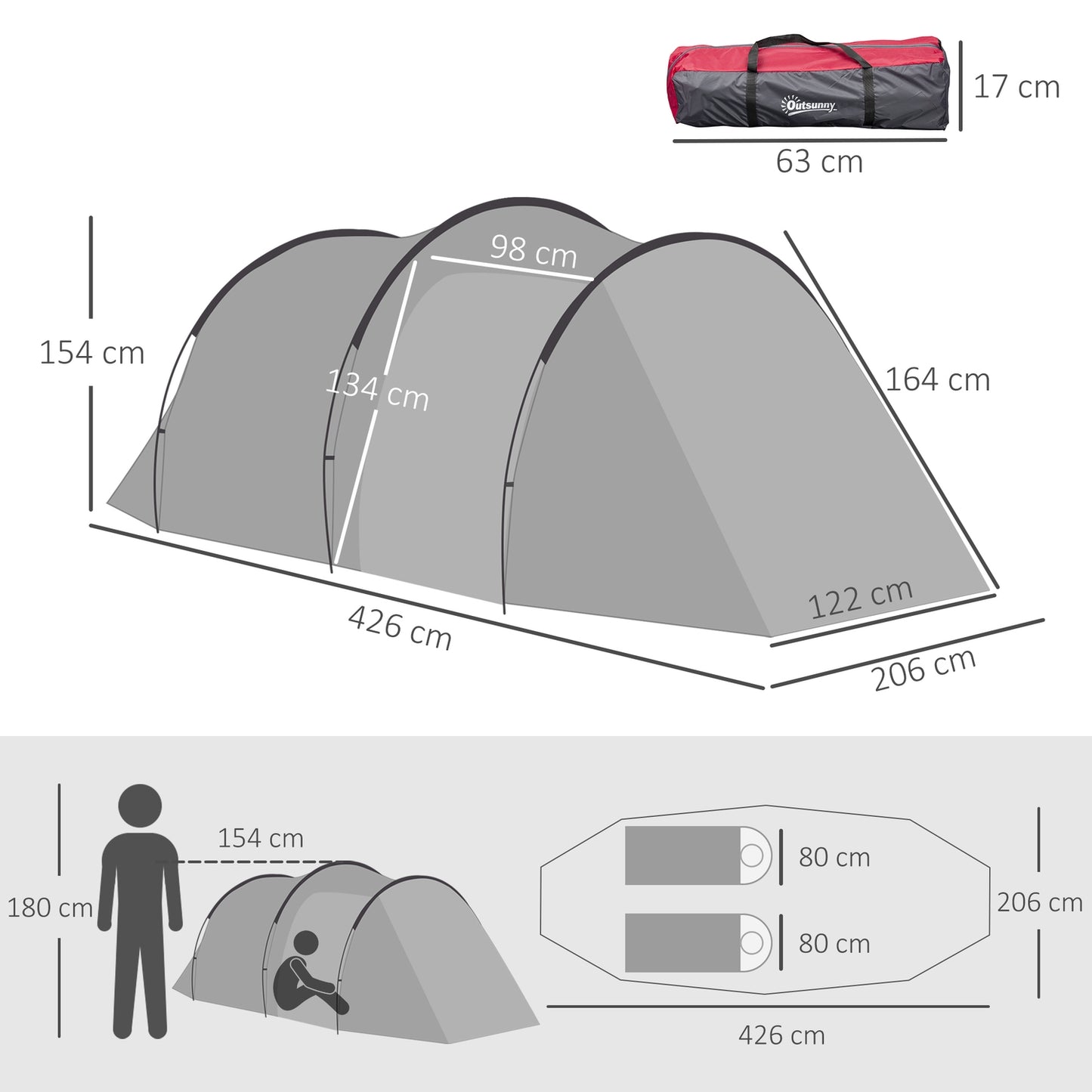 Tunnel camping tent for 2-3 people, fiberglass, grey