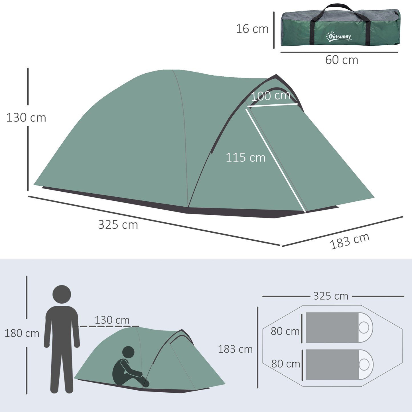 2-person dome camping tent, fiberglass, 325 x 183 x 130 cm