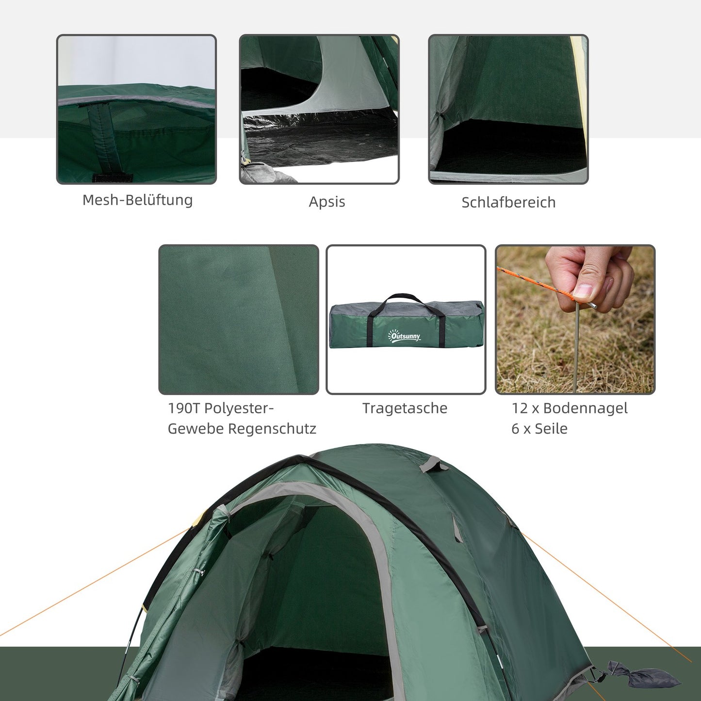 2-person dome camping tent, fiberglass, 325 x 183 x 130 cm