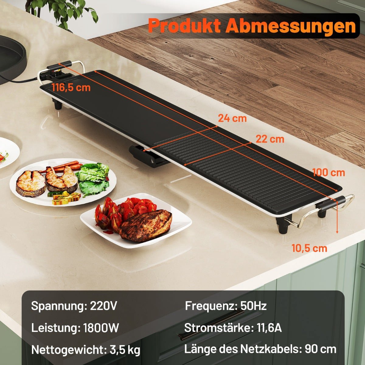 Teppanyaki Grill 1800W, Non-Stick, Adjustable Temp, 100cm