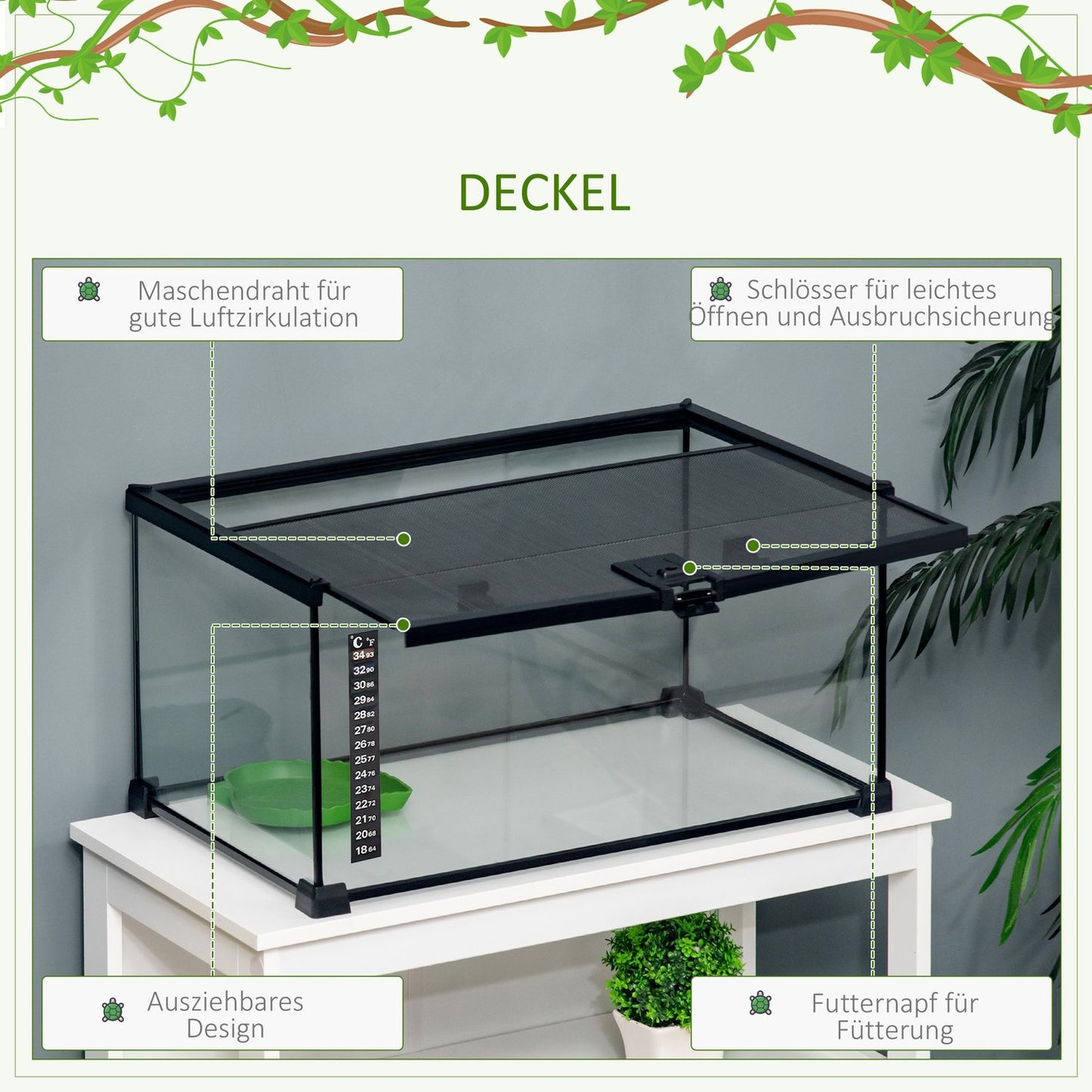 Reptile terrarium in glass with thermometer, 50x30x25 cm