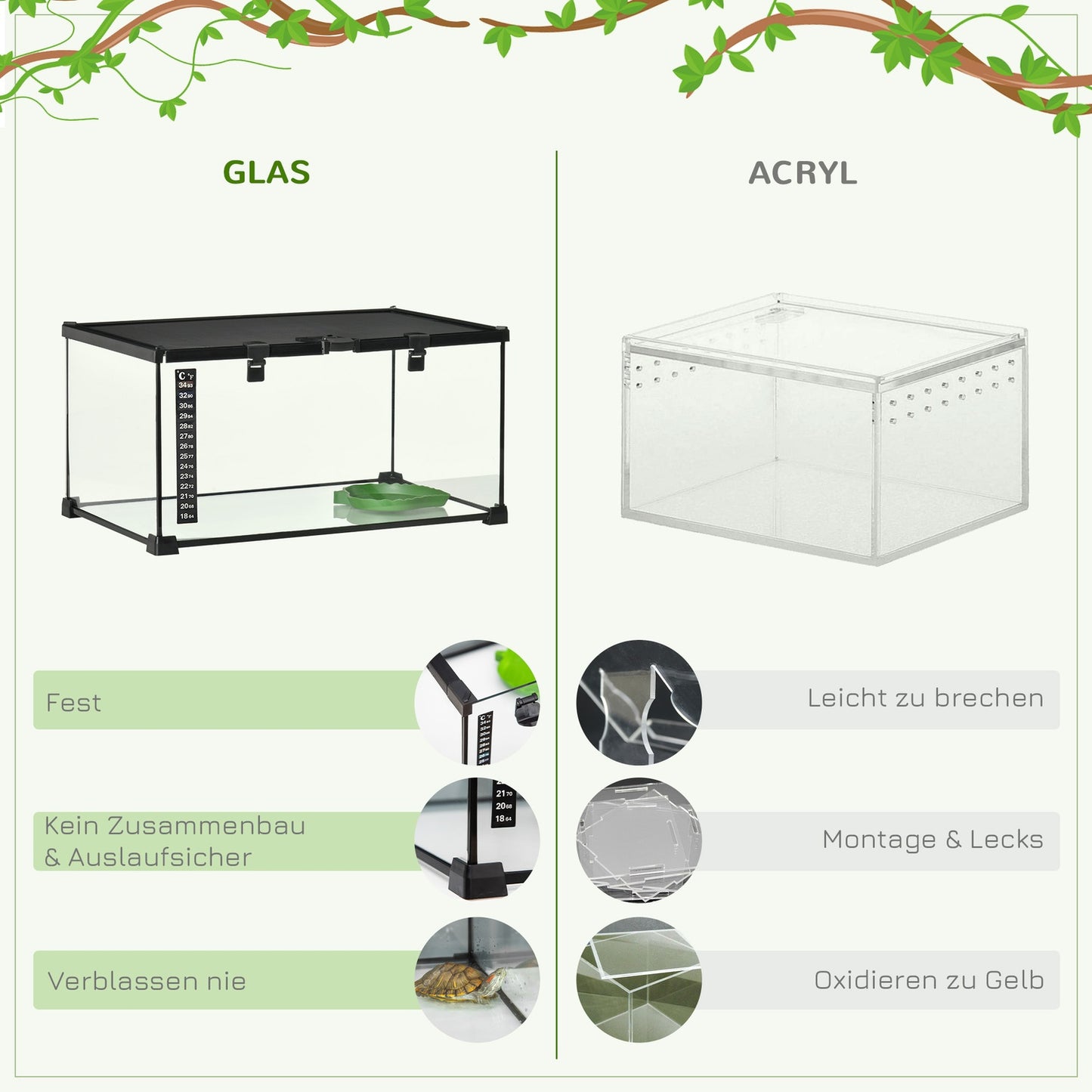 Reptile terrarium in glass with thermometer, 50x30x25 cm