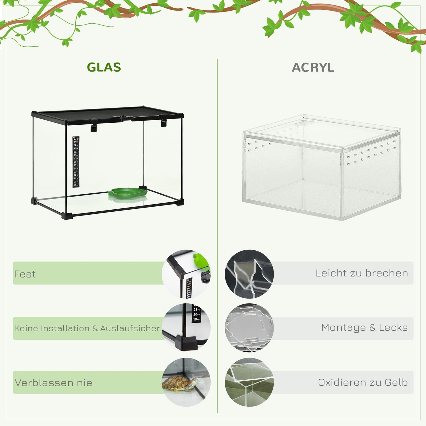 Reptile terrarium in glass with thermometer, 50x30x35cm