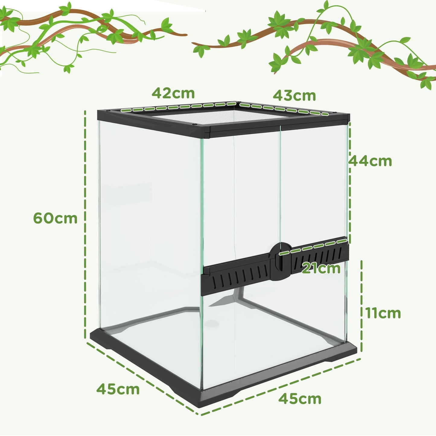 Glass terrarium for reptiles, escape-proof, 120L, 45x45x60cm