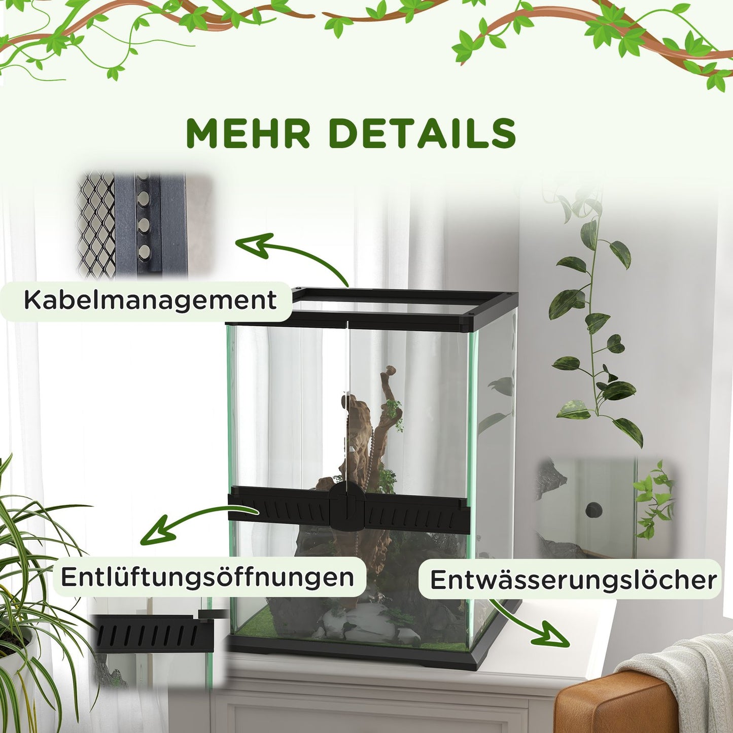 Glass terrarium for reptiles, escape-proof, 120L, 45x45x60cm