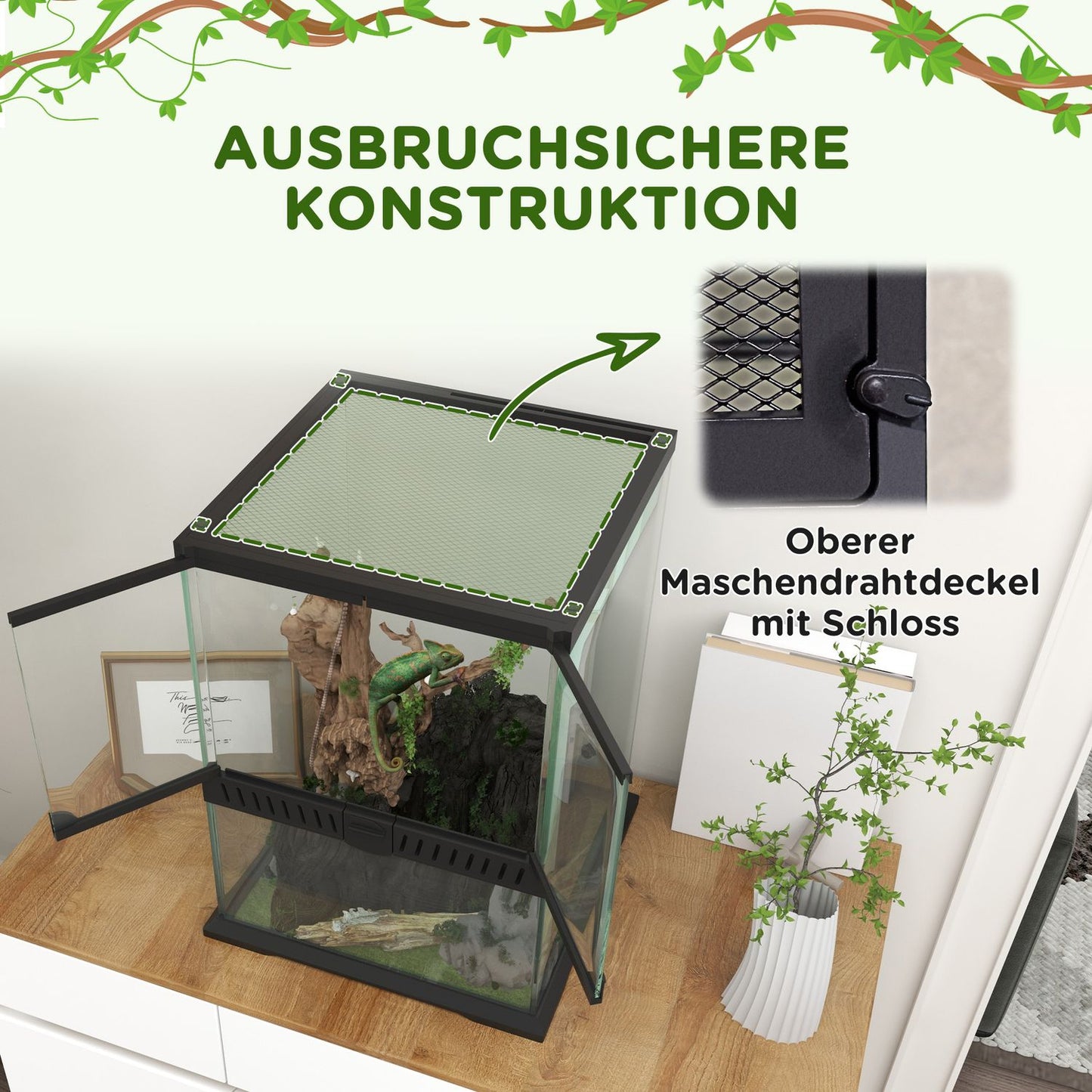 Glass terrarium for reptiles, escape-proof, 120L, 45x45x60cm