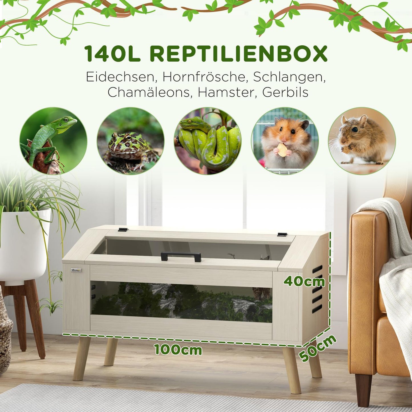 Reptile terrarium with tempered glass, 140L, 100x50x60 cm