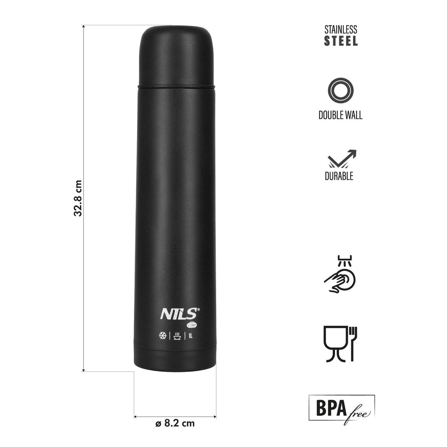 Thermos Flask 1000ml, Black, Insulated Travel Mug
