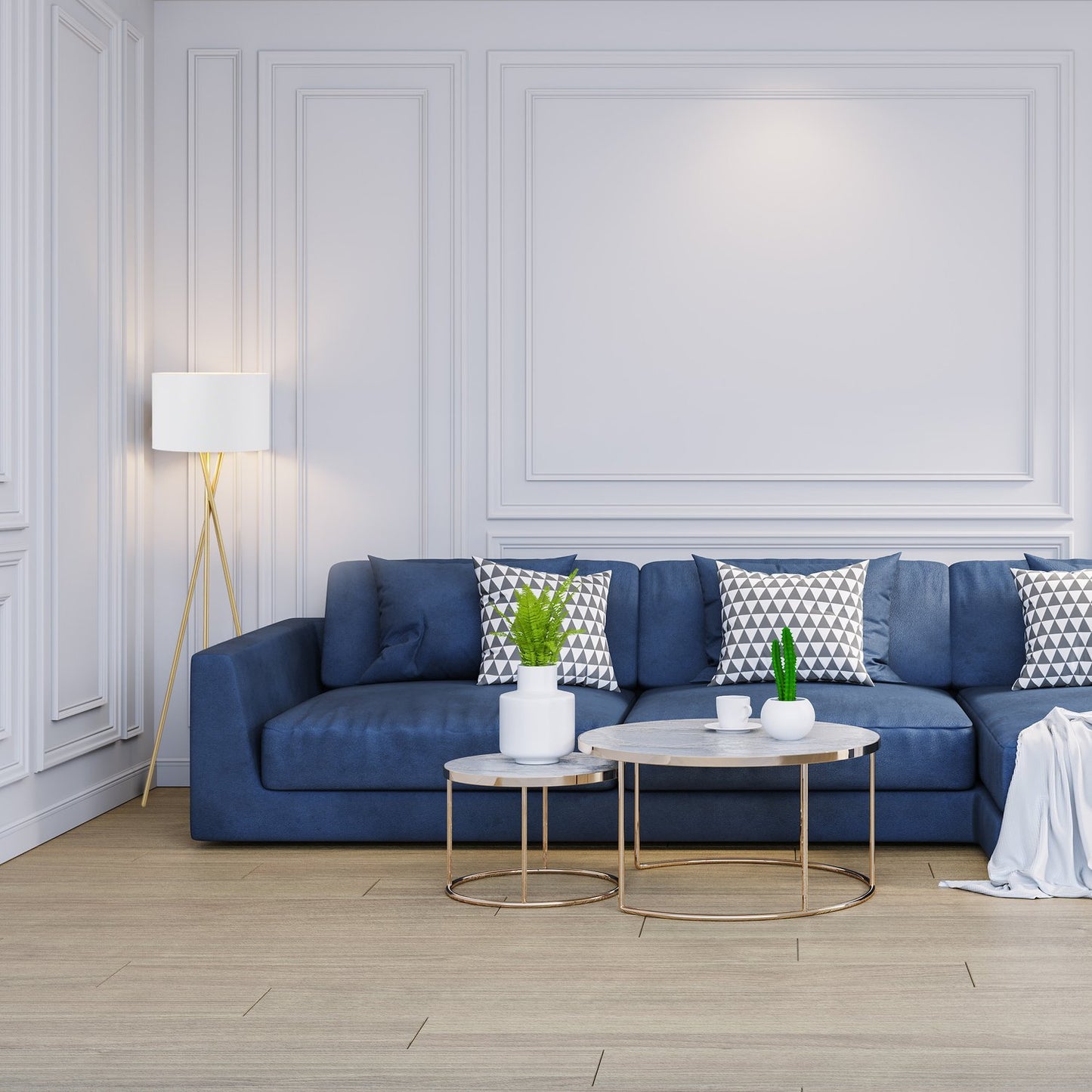 Three-legged floor lamp in white & gold