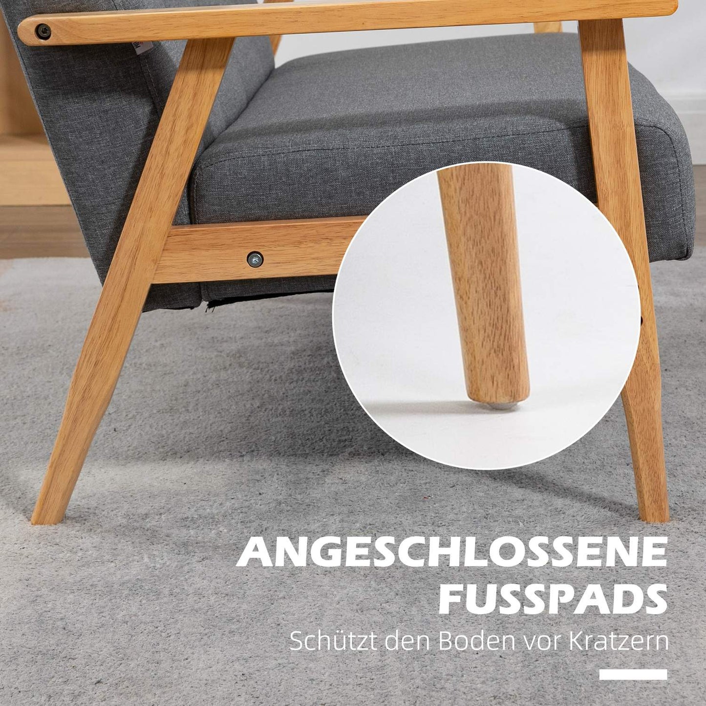 Three-Seater Grey Sofa, Linen Upholstery, Rubberwood Frame