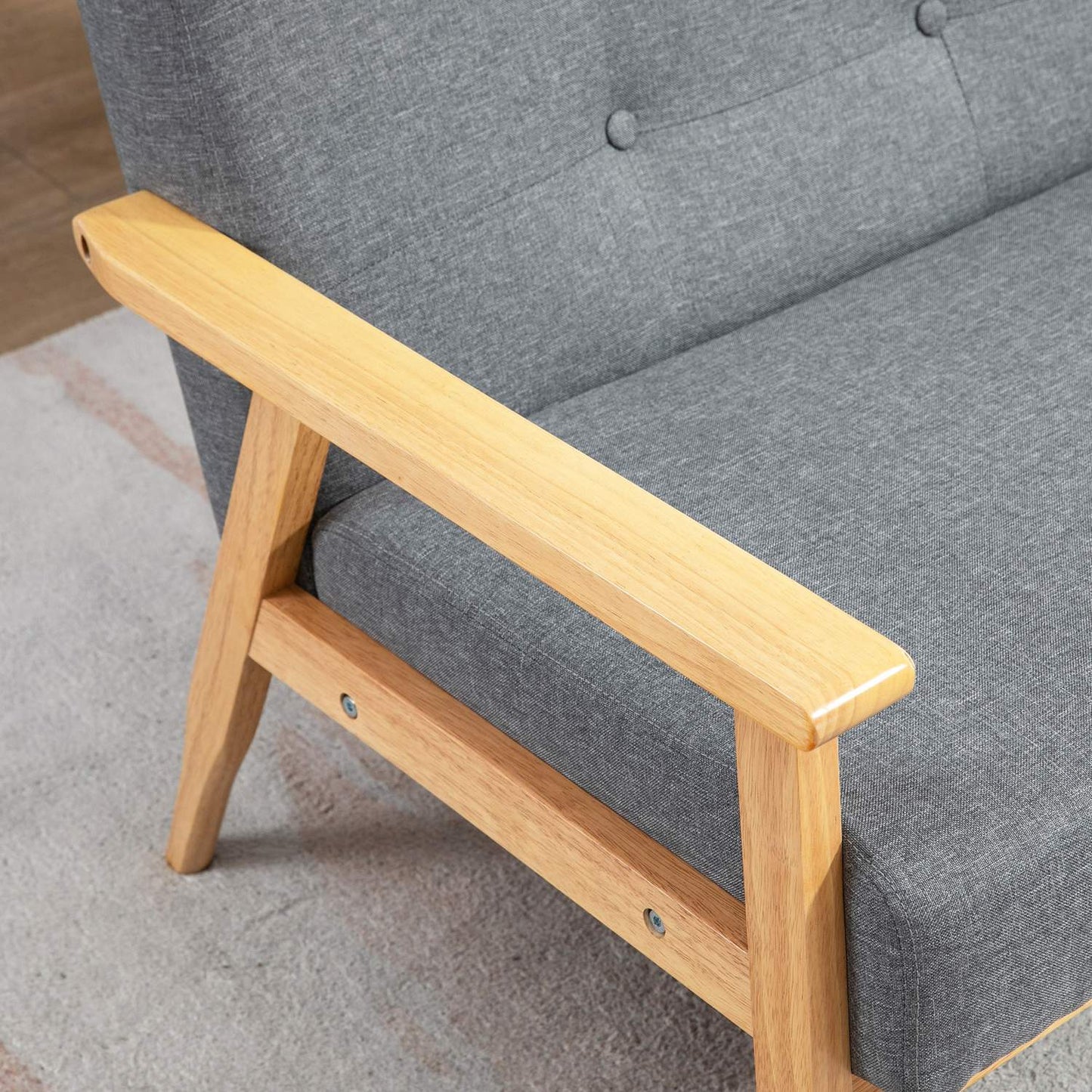 Three-Seater Grey Sofa, Linen Upholstery, Rubberwood Frame