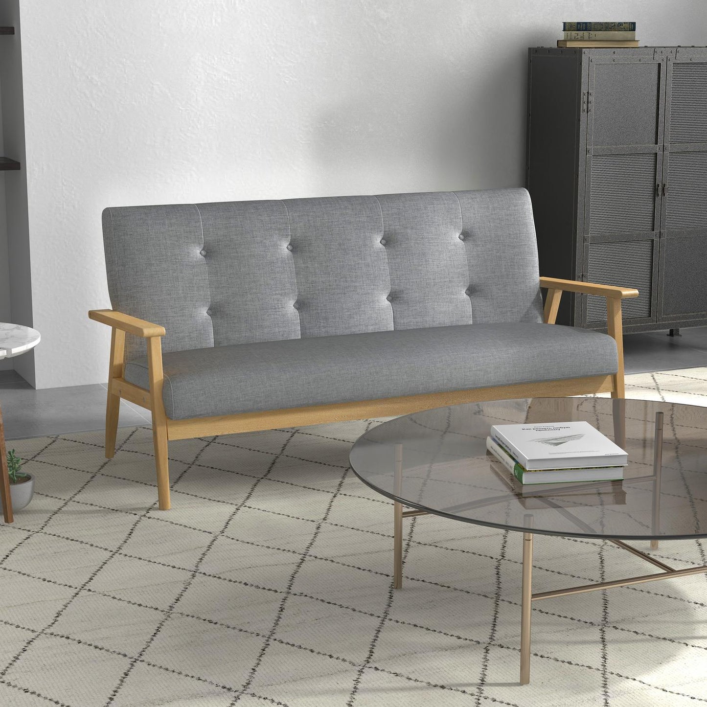 Three-Seater Grey Sofa, Linen Upholstery, Rubberwood Frame