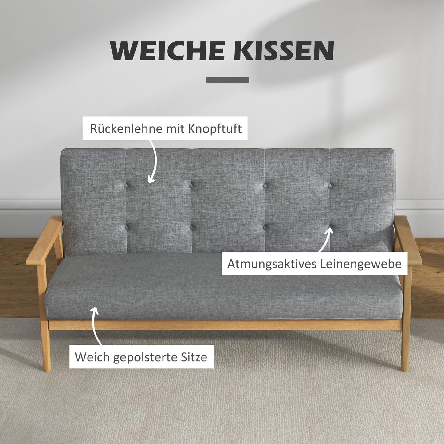 Three-Seater Grey Sofa, Linen Upholstery, Rubberwood Frame