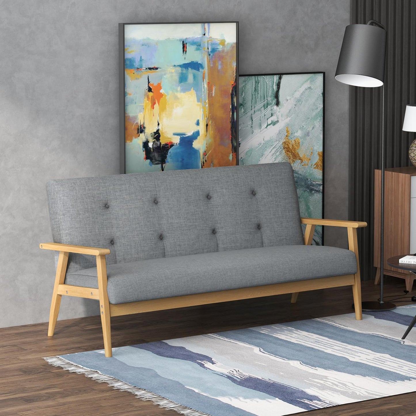 Three-Seater Grey Sofa, Linen Upholstery, Rubberwood Frame