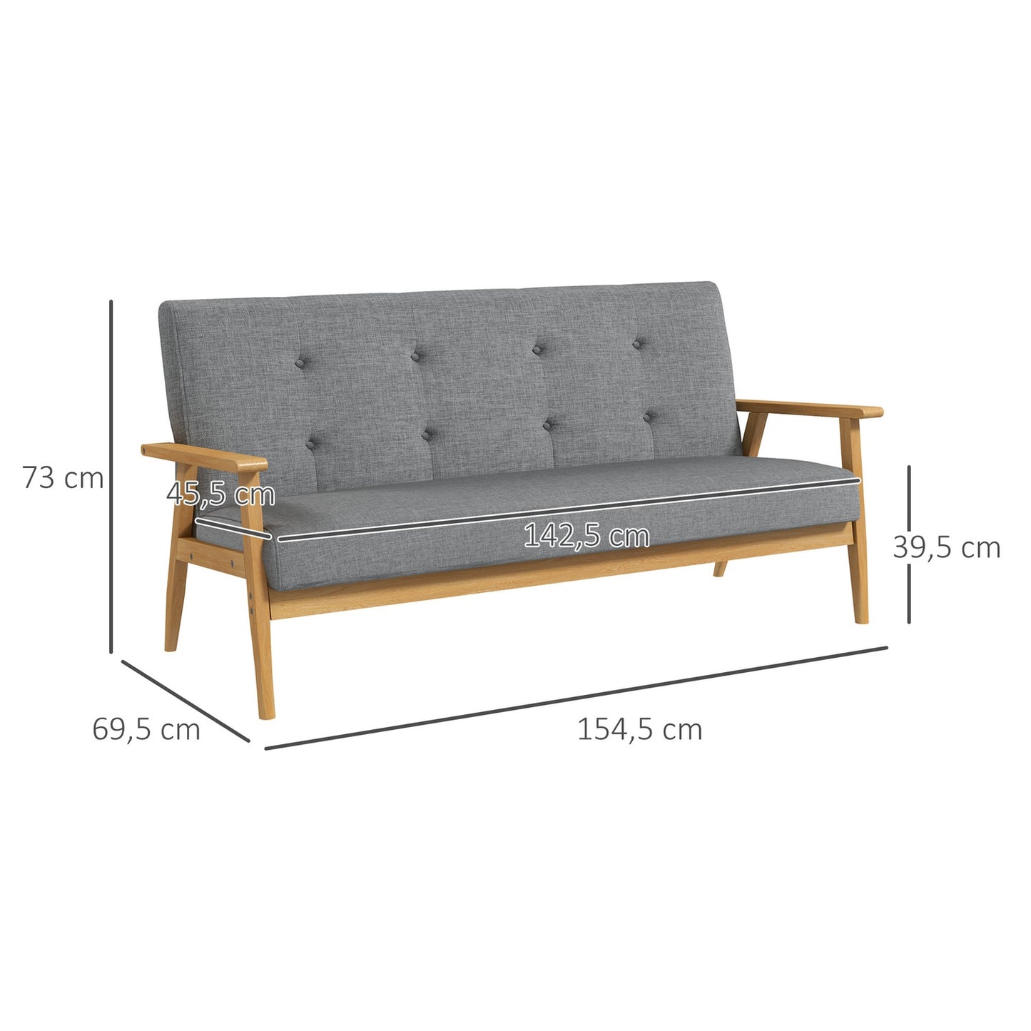 Three-Seater Grey Sofa, Linen Upholstery, Rubberwood Frame