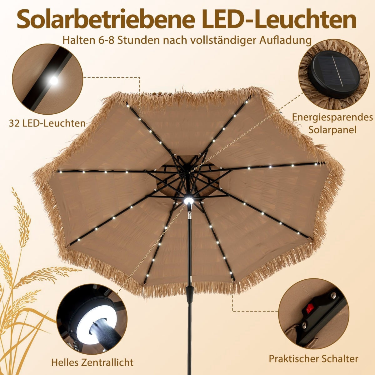 Tiki Straw Umbrella with Solar LED Lights, 313 cm