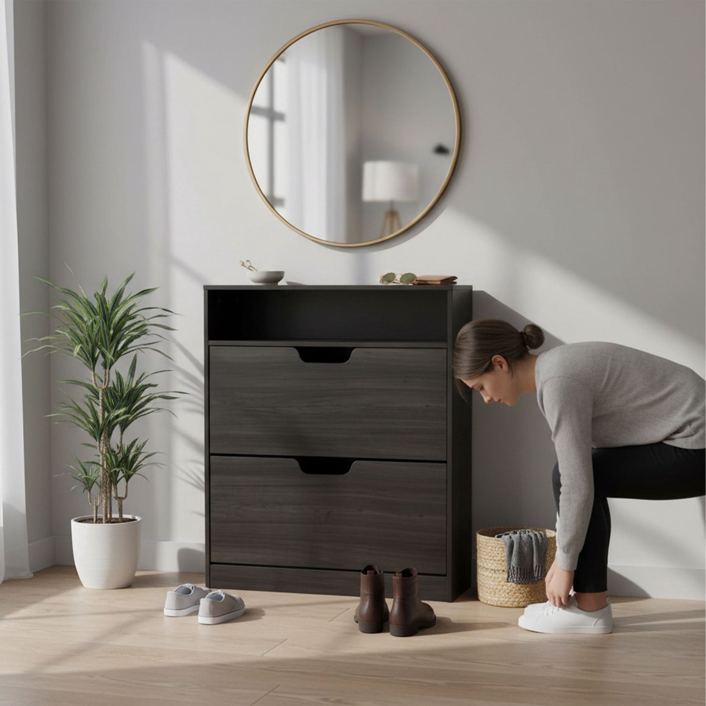 Tilt-Out Shoe Cabinet with Adjustable Dividers