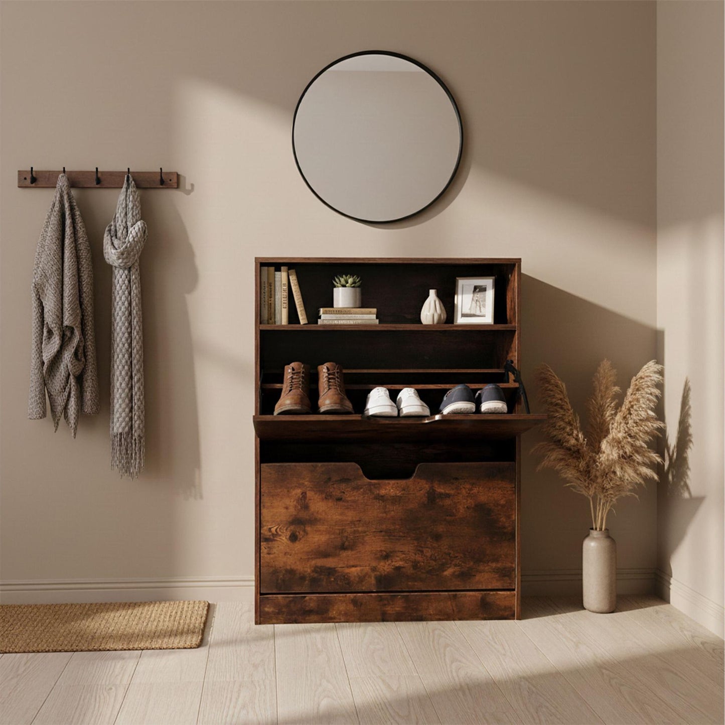 Tilt-Out Shoe Cabinet with Open Shelf, Adjustable Dividers