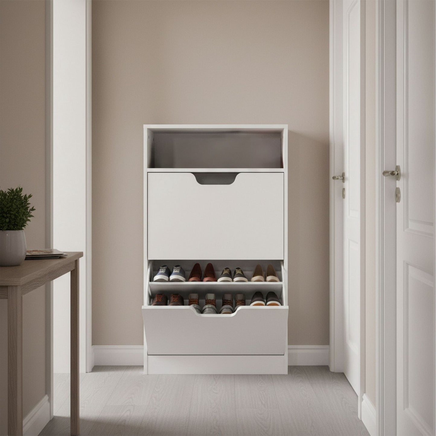 Tilt-Out Shoe Cabinet with Open Shelf Storage