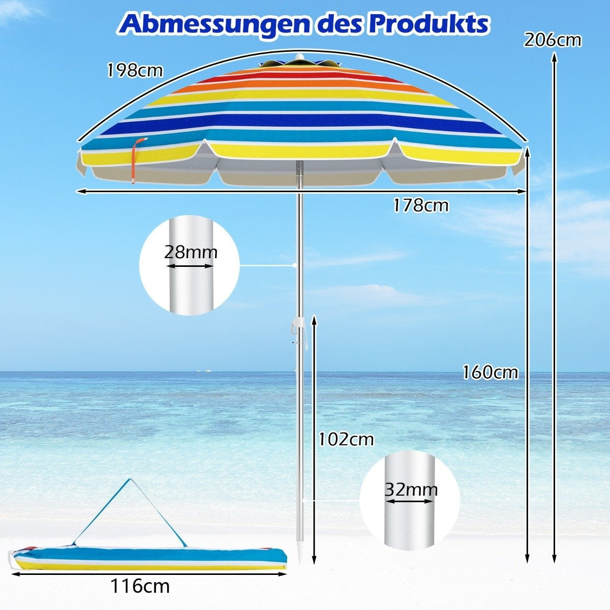 Tiltable Outdoor Umbrella with Anchor, 178 cm, Portable