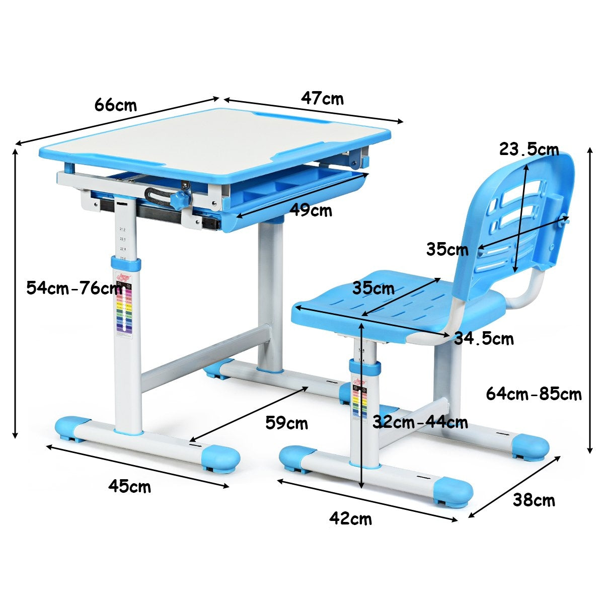 Tiltable children's desk, youth desk, blue