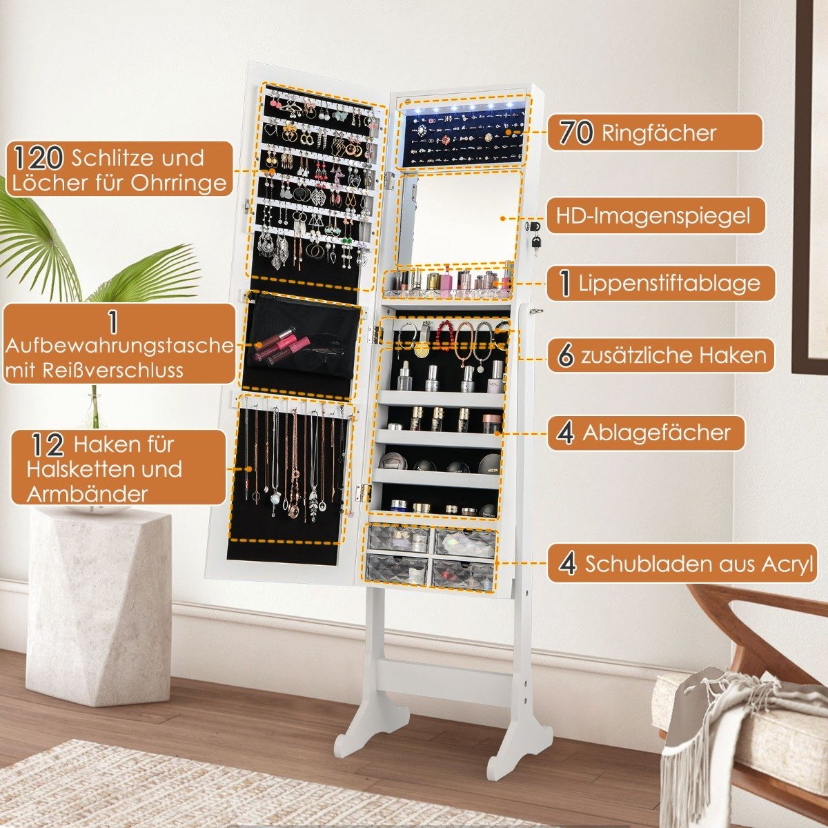 Tilt-adjustable jewelry cabinet with full-length mirror and white LED lights