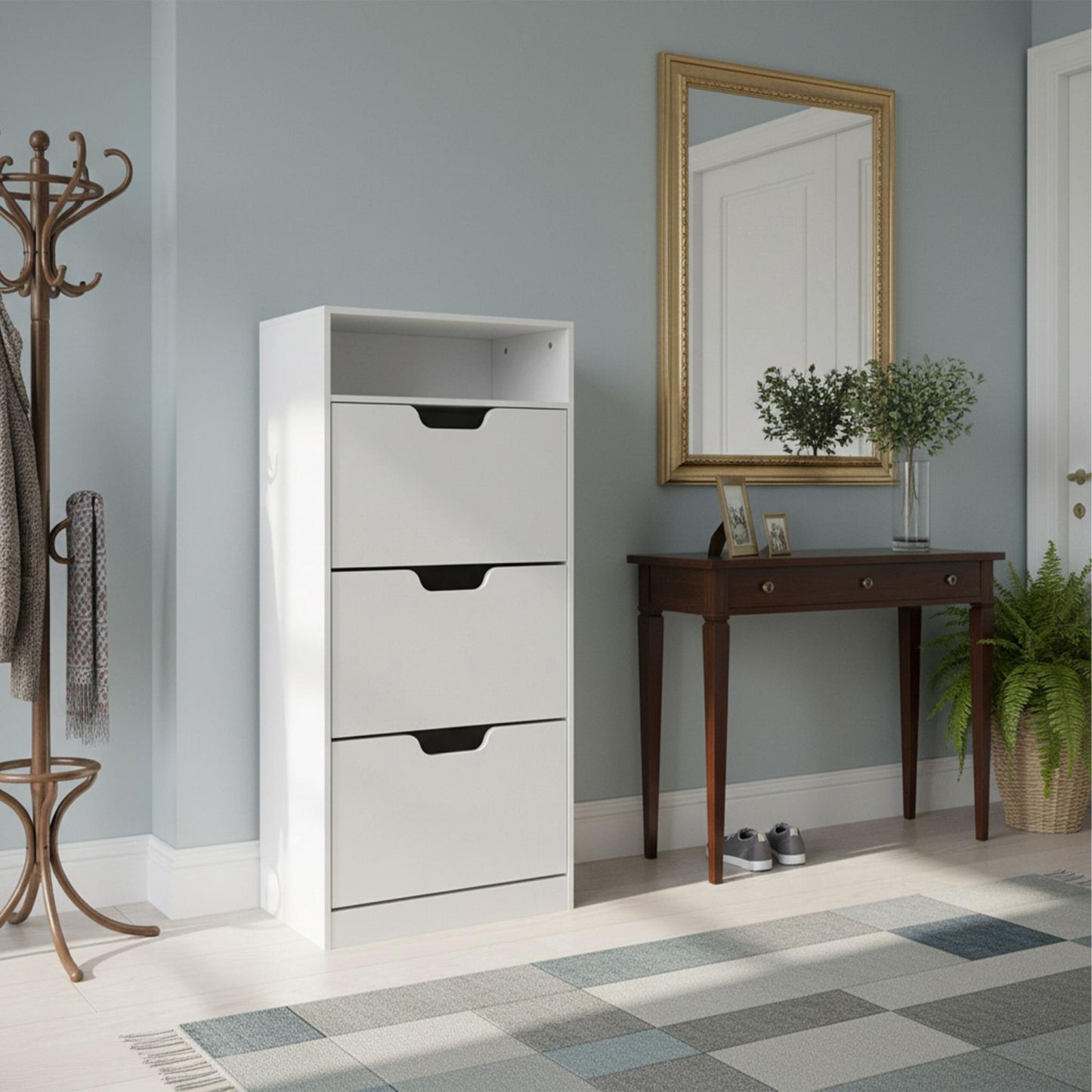 Tilting Shoe Cabinet with Adjustable Compartments
