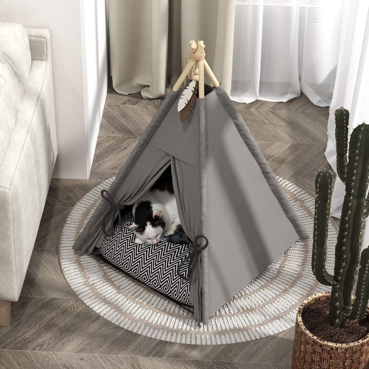 Cat Tipi Tent, Washable Cushions, Grey, Pets Under 5kg