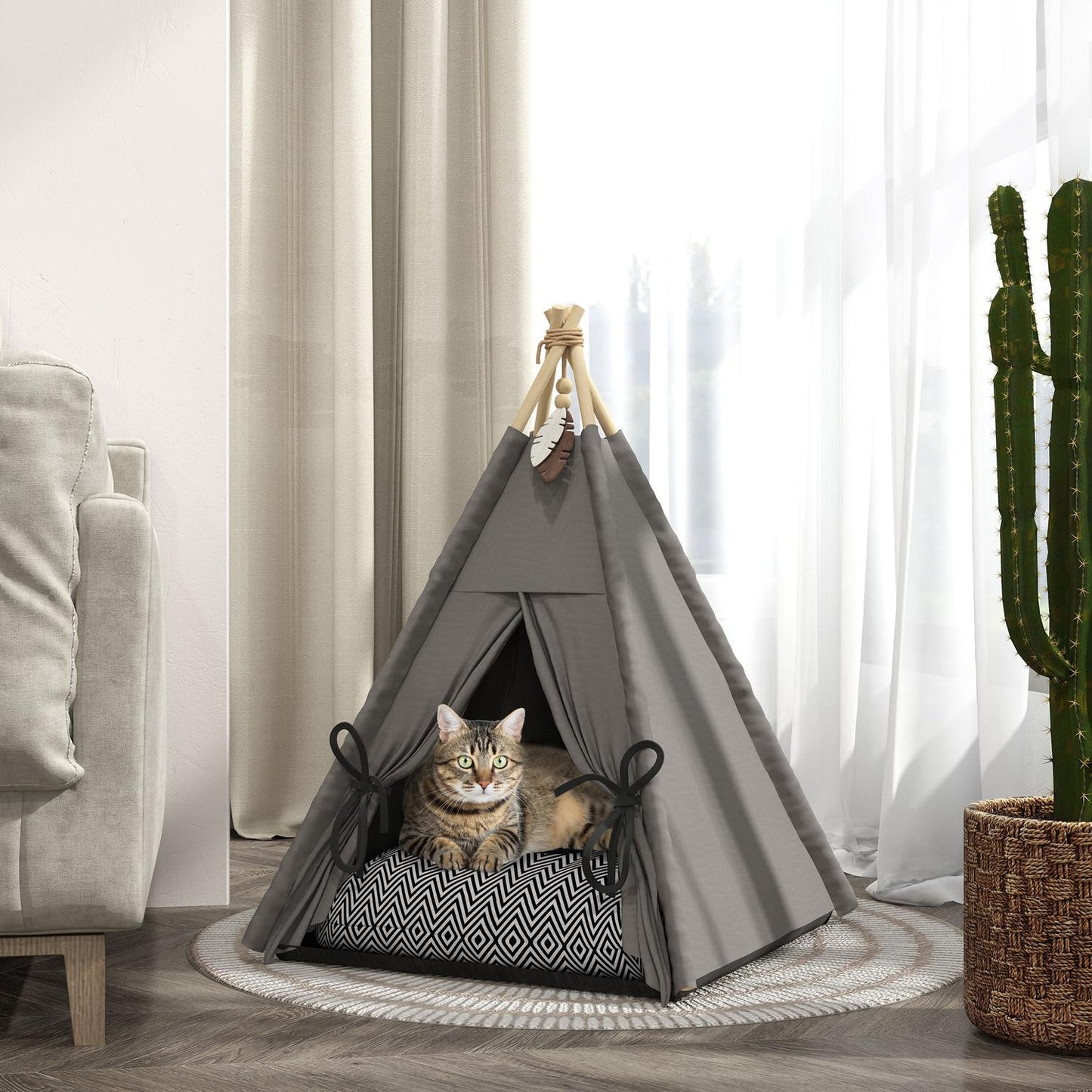 Cat Tipi Tent, Washable Cushions, Grey, Pets Under 5kg