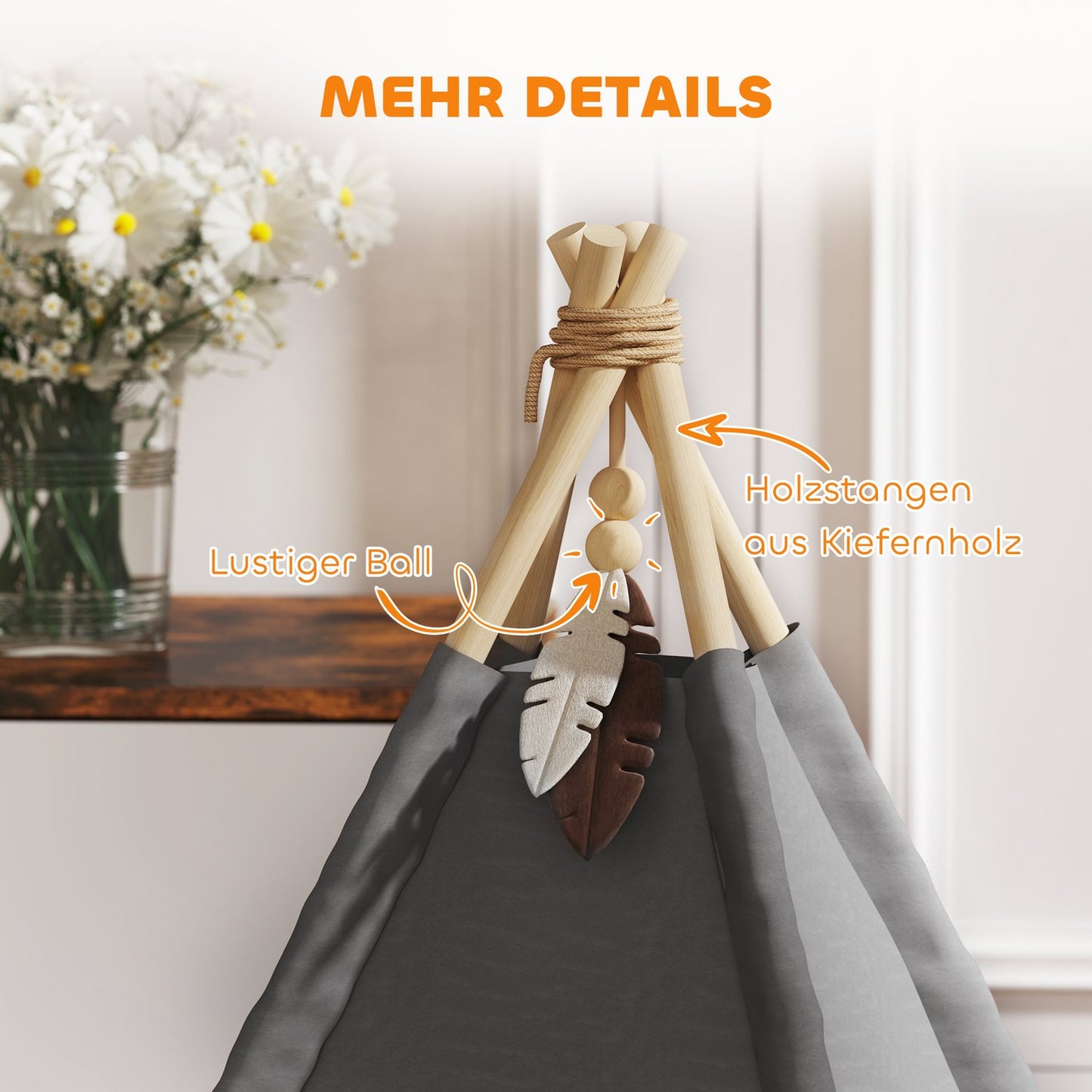 Cat Tipi Tent, Washable Cushions, Grey, Pets Under 5kg
