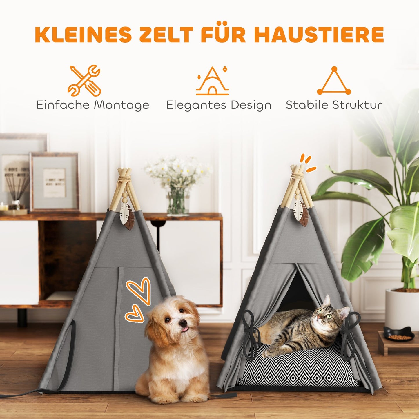 Cat Tipi Tent, Washable Cushions, Grey, Pets Under 5kg