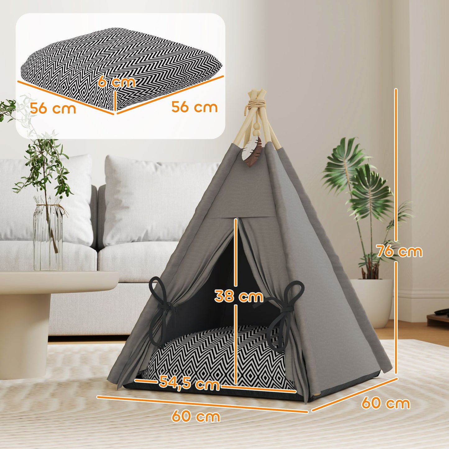 Cat Tipi Tent, Washable Cushions, Grey, Pets Under 5kg