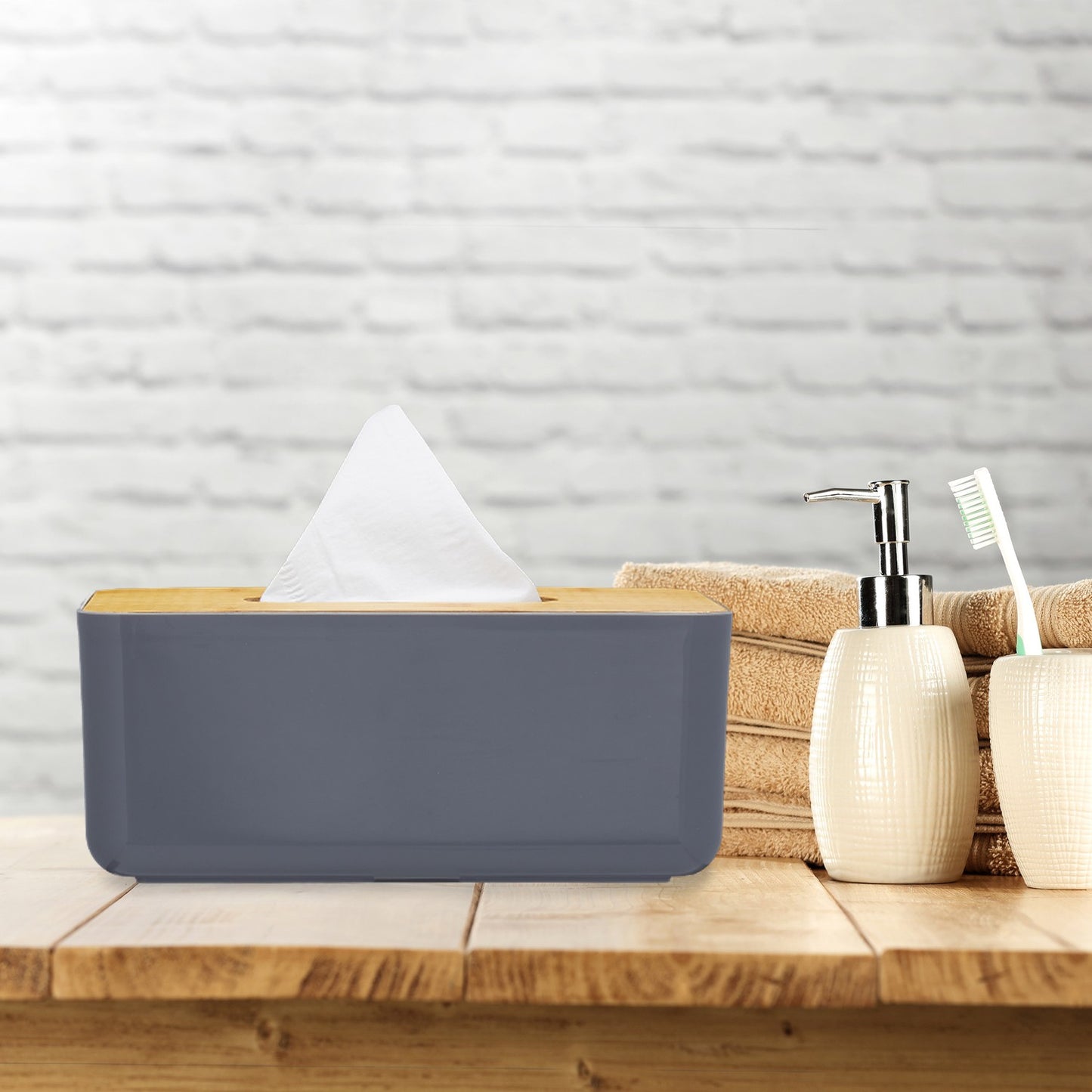 Tissue box with bamboo lid