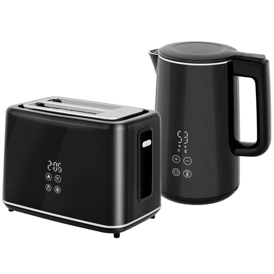 Toaster and Kettle Set, 7 Browning Levels, Black Stainless Steel