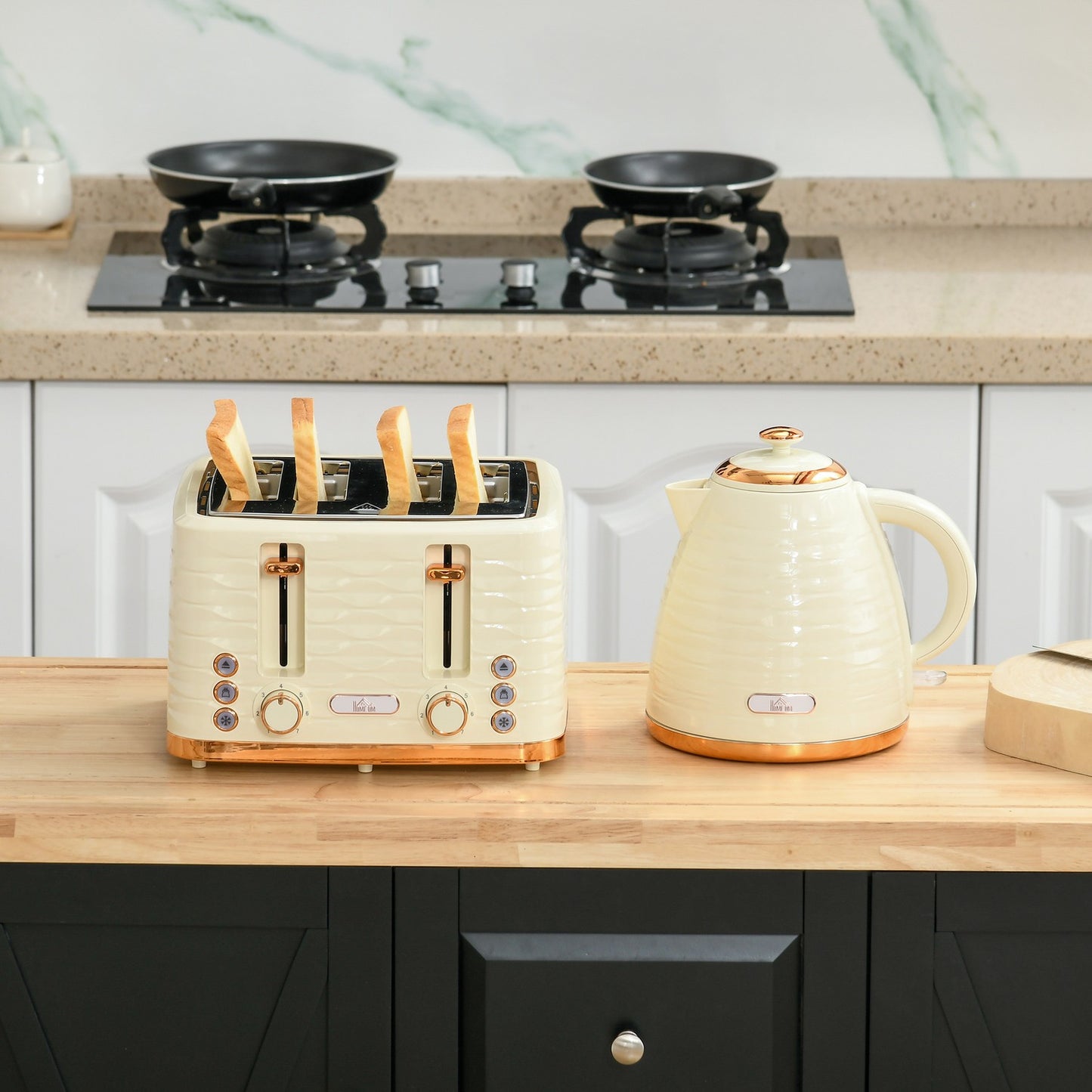 Toaster and Kettle Set, 7 Browning Levels, Defrost, Beige