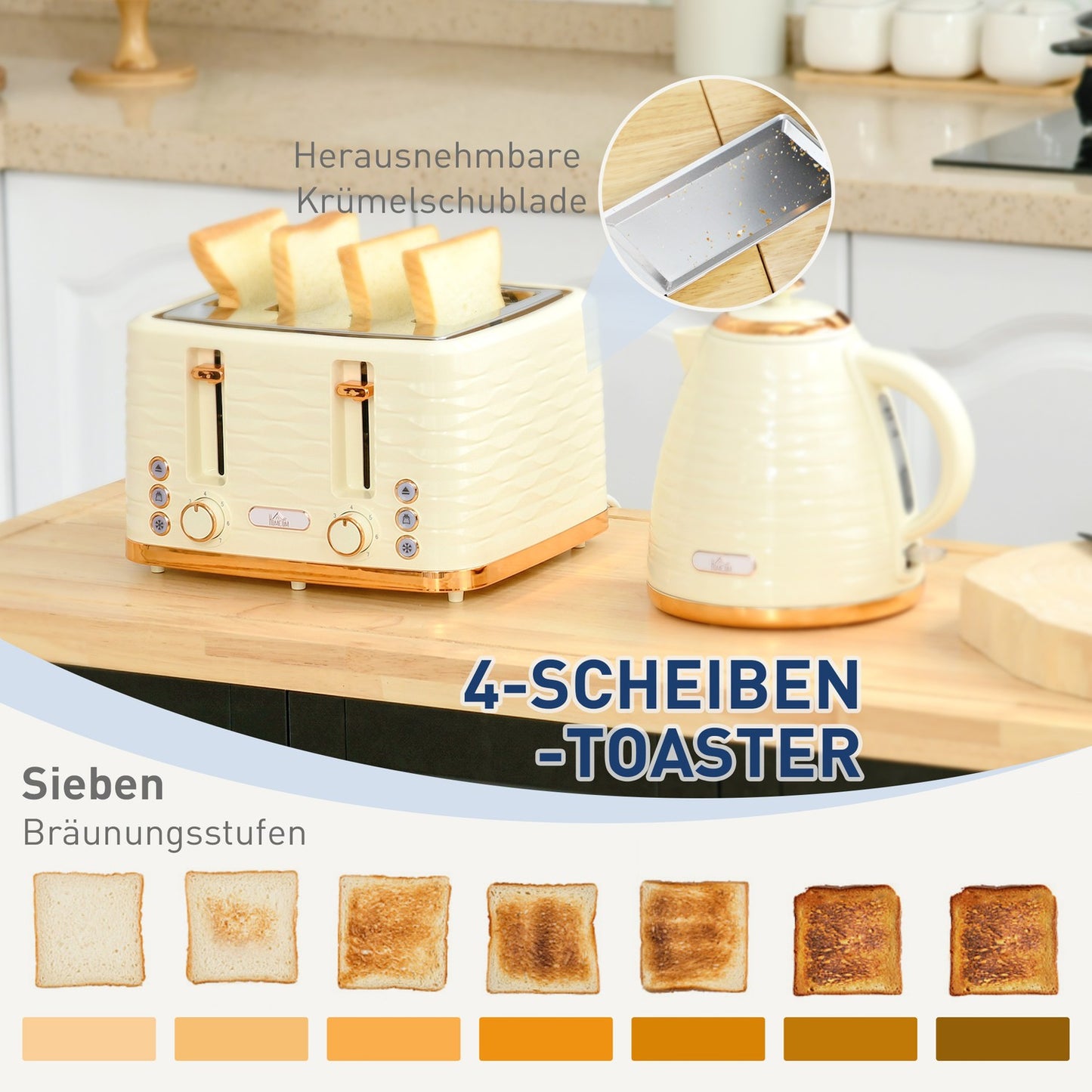 Toaster and Kettle Set, 7 Browning Levels, Defrost, Beige