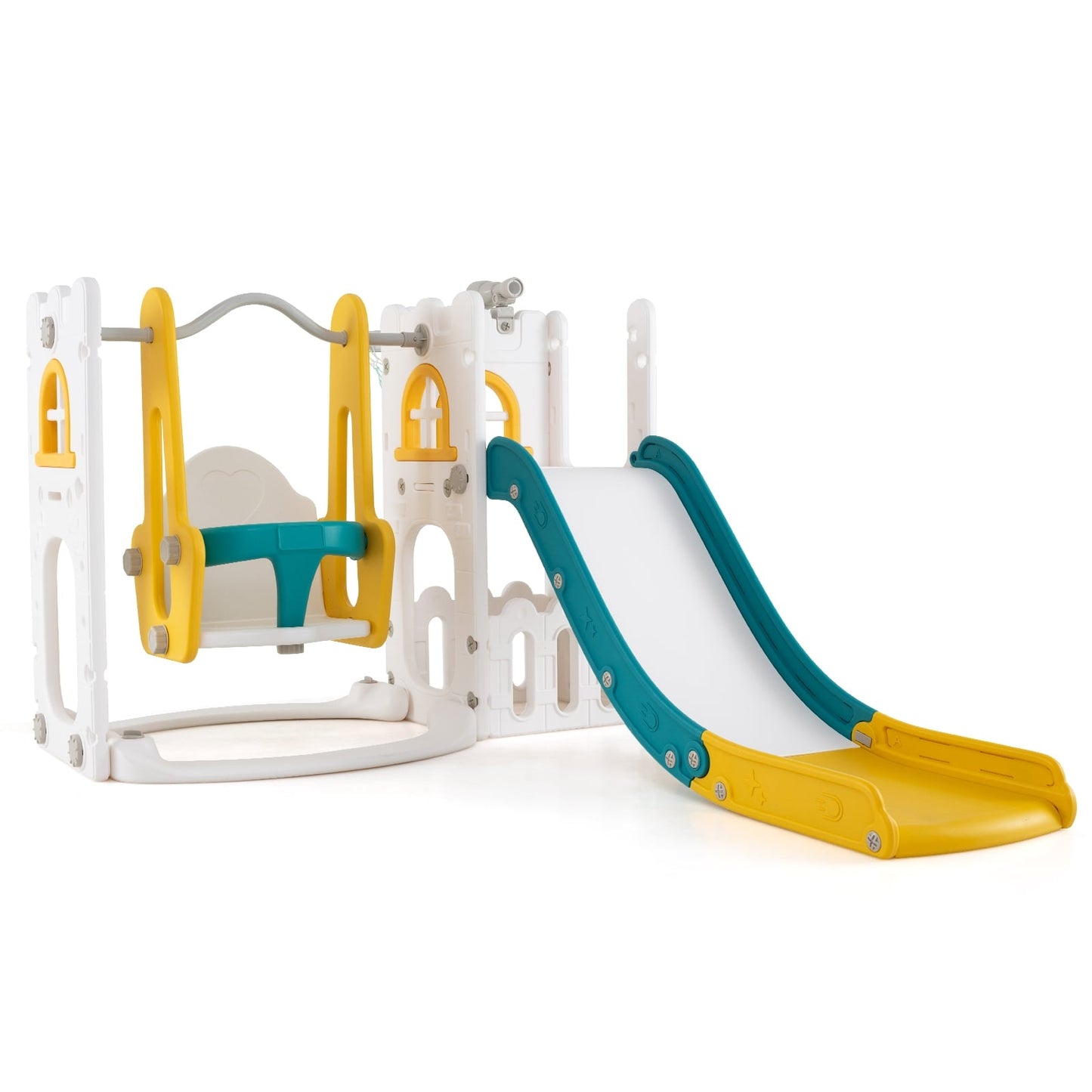Toddler 7-in-1 Slide & Swing Set with Basketball, Yellow